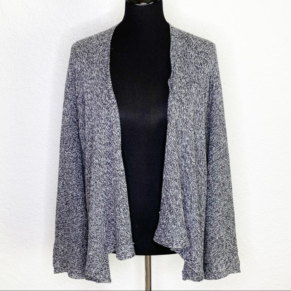 Eileen Fisher gray white marled linen knit open front cardigan size Large